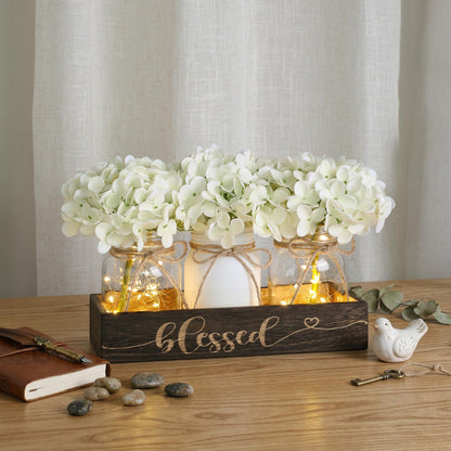 FancyPlus Farmhouse Mason Jar Table Centerpiece with White Hydrangea Flowers, Lighted Artificial Floral Arrangement with Wood Tray, Rustic Table Decor for Kitchen Coffee Table Living Room Home