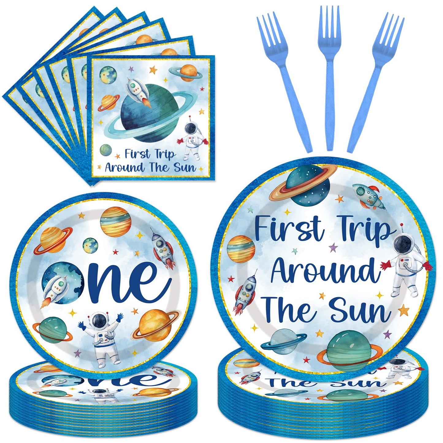 First Trip Around The Sun Decorations - 96PCS First Tirp Around The Sun Plates and Napkins Party Supplies Outer Space 1st Birthday Decorations Boy Disposable Paper Tableware Set Serves 24 Guests