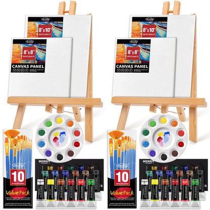 Set of 2 Acrylic Painting Kits for Adults and Couples, Sip and Paint Kit for Date Night, Acrylic Painting Kit with Canvas Boards and Easels, Professional Art Set for Couples, Families, Beginners