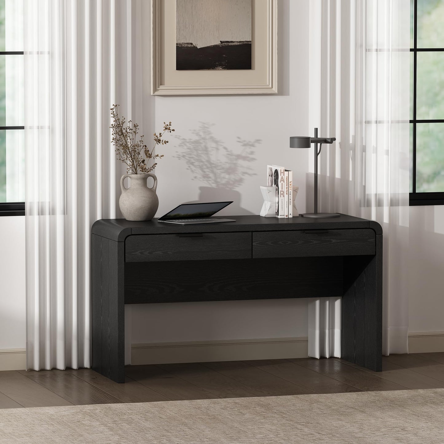 Manhattan Comfort Grace 54" Modern Office Desk with 2 Drawers, Wood Table with Metal Recessed Handles for Work from Home, Study, Craft, Stylish Executive Desk, Black