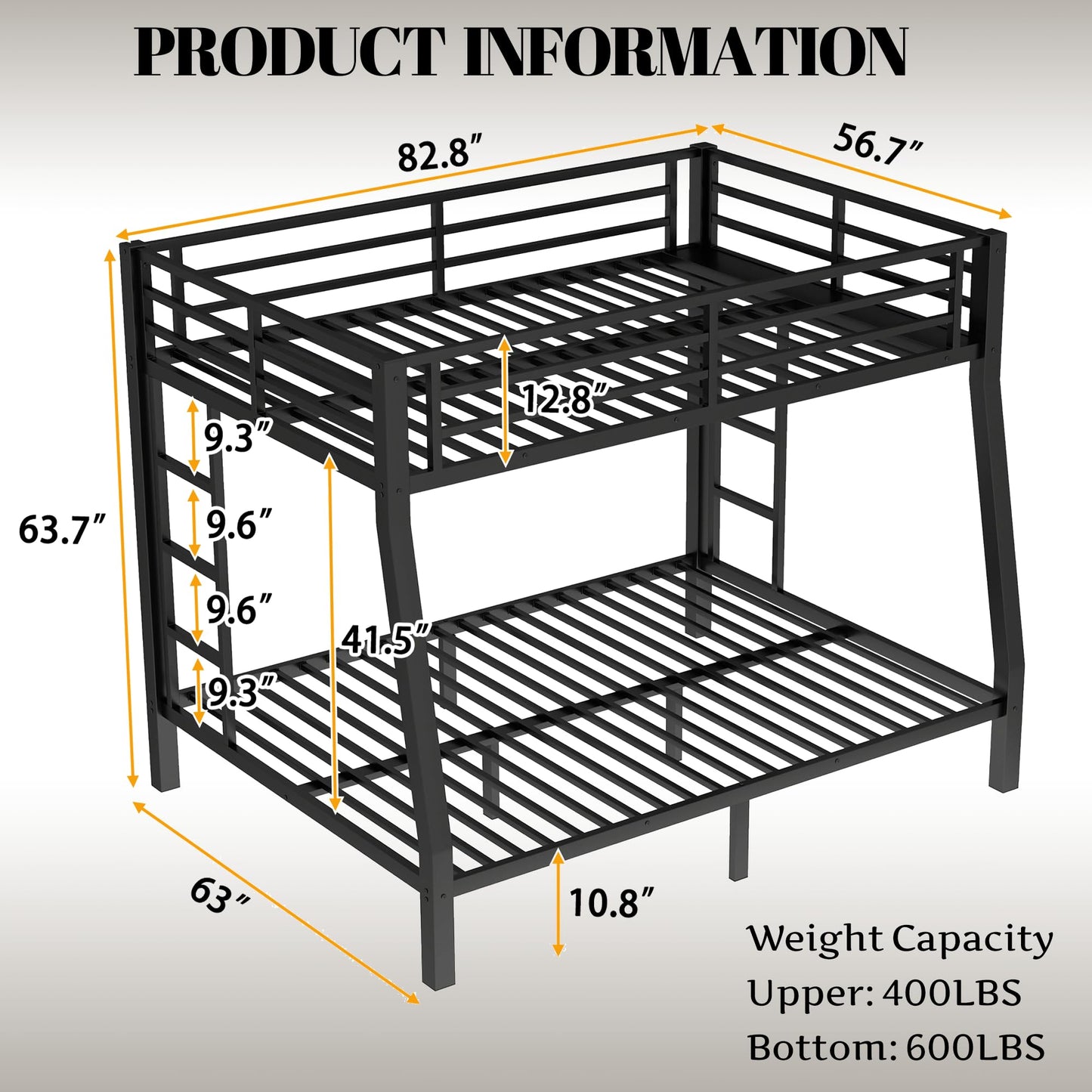 Bellemave Full XL Over Queen Bunk Bed with High Guardrail & Under-Bed Storage, Heavy Duty Metal Bunk Beds Frame with 2 Side Ladders, Full Over Queen Bunk Bed for Adults, No Box Spring Needed, Black