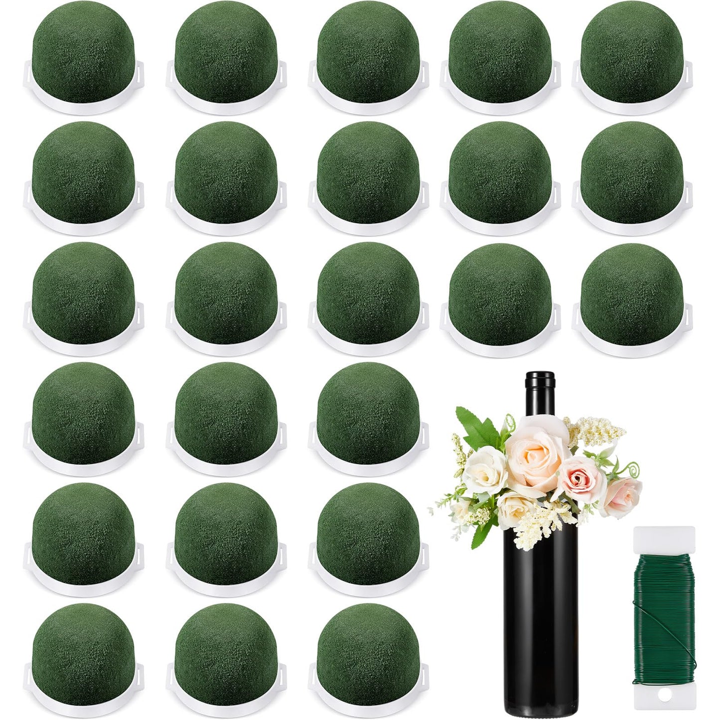 Tessco 24 Pcs Mini Floral Foam Holder Round Floral Foam with Green Arrangement Wire Arrangement Supplies for Table Wedding Wine Bottle Decor