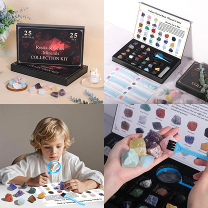 HEMYLU Rock Collection for Kids, 25PCS Crystal Gem Mineral Collection Set Box Gift for Boys and Girls, Natural Gemstone with Learning Guide Education Set