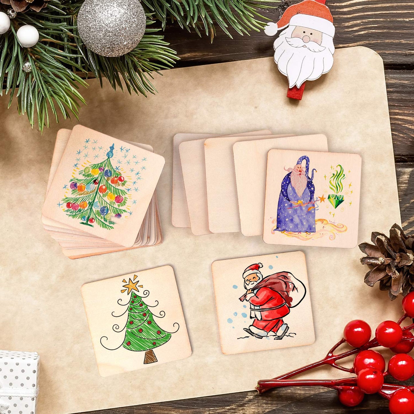 60 Pieces 5 Inch Unfinished Wooden Square Blank Natural Wood Slices Wooden Cutout Tiles for DIY Crafts Home Decoration Painting Staining