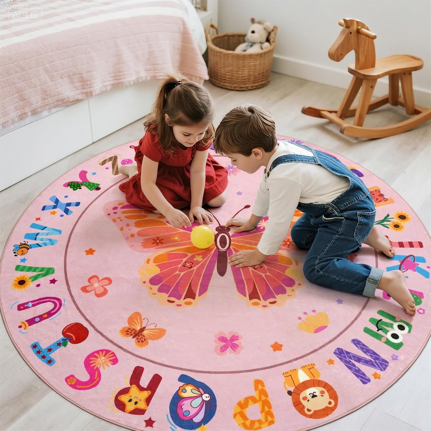 4ft ABC Kids Alphabet Round Rug Washable Soft Circle Nursery Rug, Non-Slip Educational Carpet with Pink Butterfly