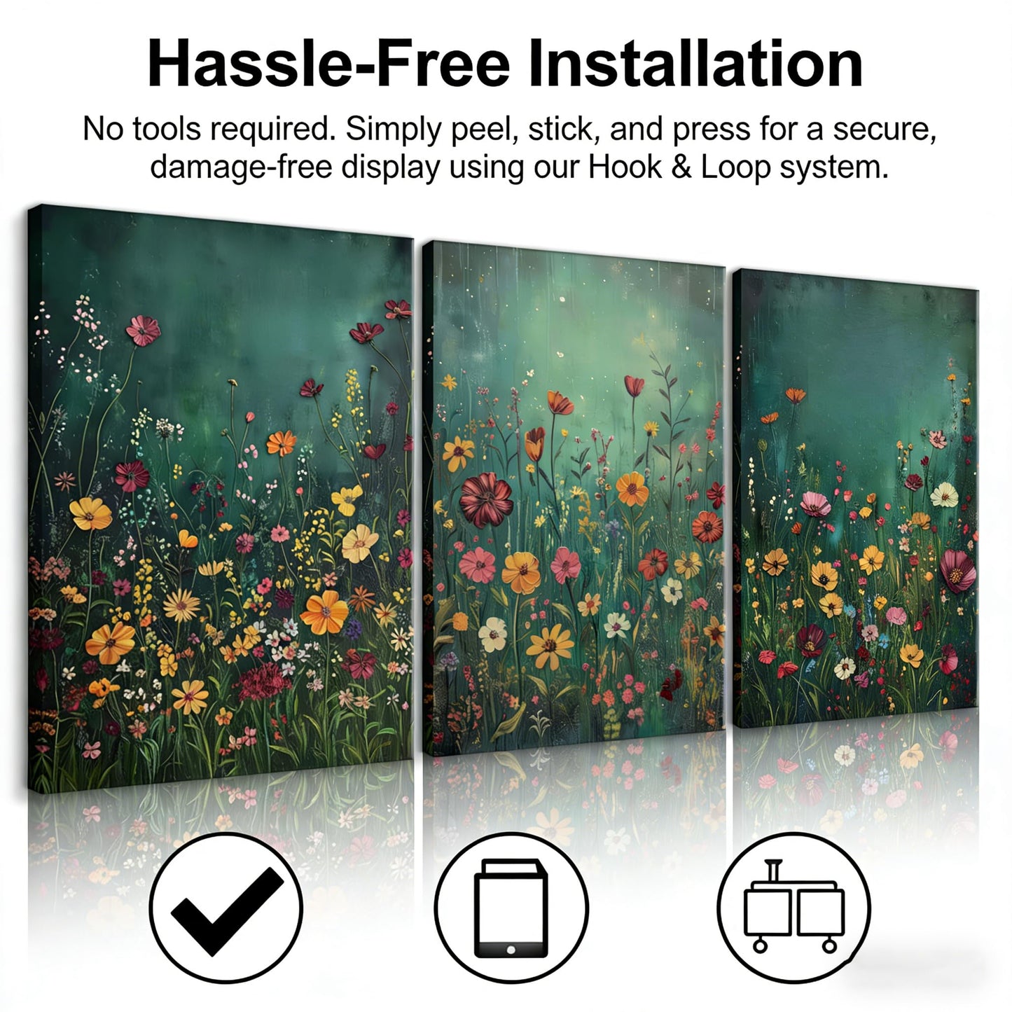 GEFQBBLD 3 Piece Canvas Wall Art Set, Emerald Green Wildflower Meadow Prints, Textured Impasto Boho Floral Decor for Living Room Bedroom 12x16 unframed