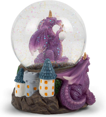 Elanze Designs Purple Dragon with Orb on Castle Tabletop Figurine Decoration, 100MM Glitter Water Musical Snow Globe