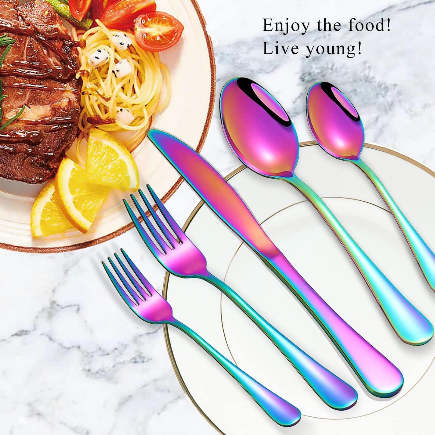 Set of 16 Rainbow Soup Spoons, Top Food Grade Stainless Steel Silverware, 6.69 Inches, Dishwasher Safe