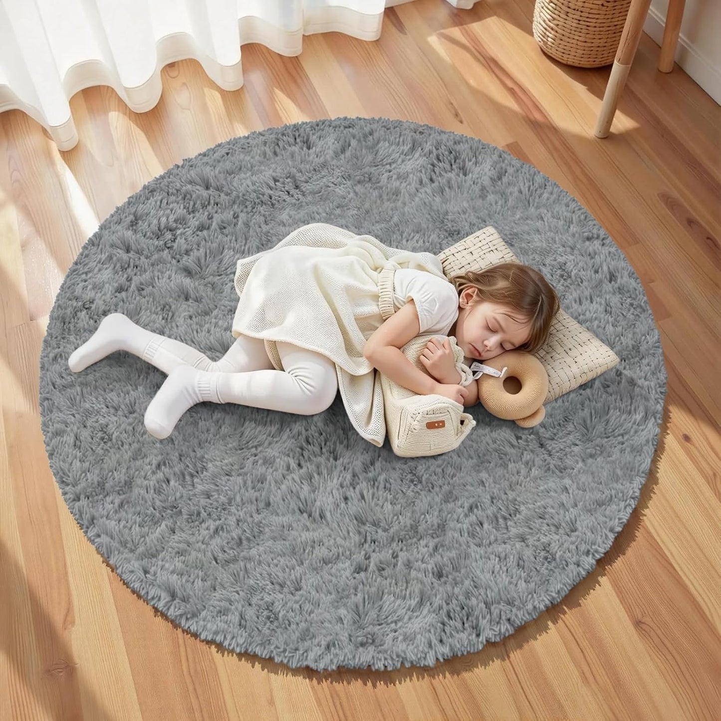 Xafir 6ft 6"x6") Light Gray Round Fluffy Rug Plush Fuzzy Shaggy Carpet,Soft Rugs for Living Room for Nursery,Preppy