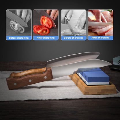 S SATC Knife Sharpening Stone Whetstone 4 Side Grit 400/1000 3000/8000 Stone Knife Sharpeners with Nonslip Rubber Bases, Wood Base, Flattening Stone, and Leather Strop