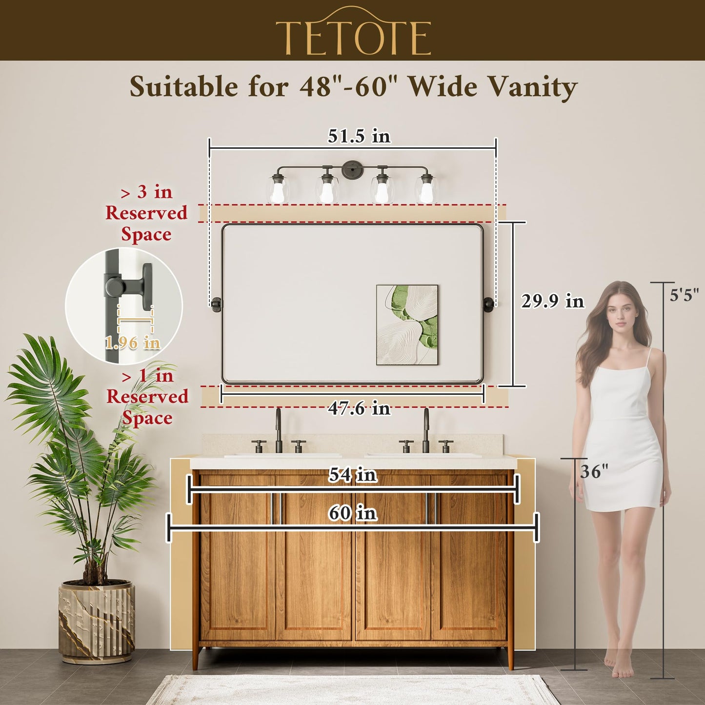 TETOTE Black Pivot Bathroom Mirror 48 x 30 Large Tilting Wall Beveled Mirror, Metal Framed Rectangle Vanity Mirror, Modern Farmhouse Adjustable Tilted Mirror, Horizontal/Vertical, Tempered Glass