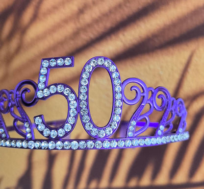 Mayin Purple Glitter Crystal Rhinestone Tiara Crown and Sash for 50th Birthday Party Supplies and Decorations
