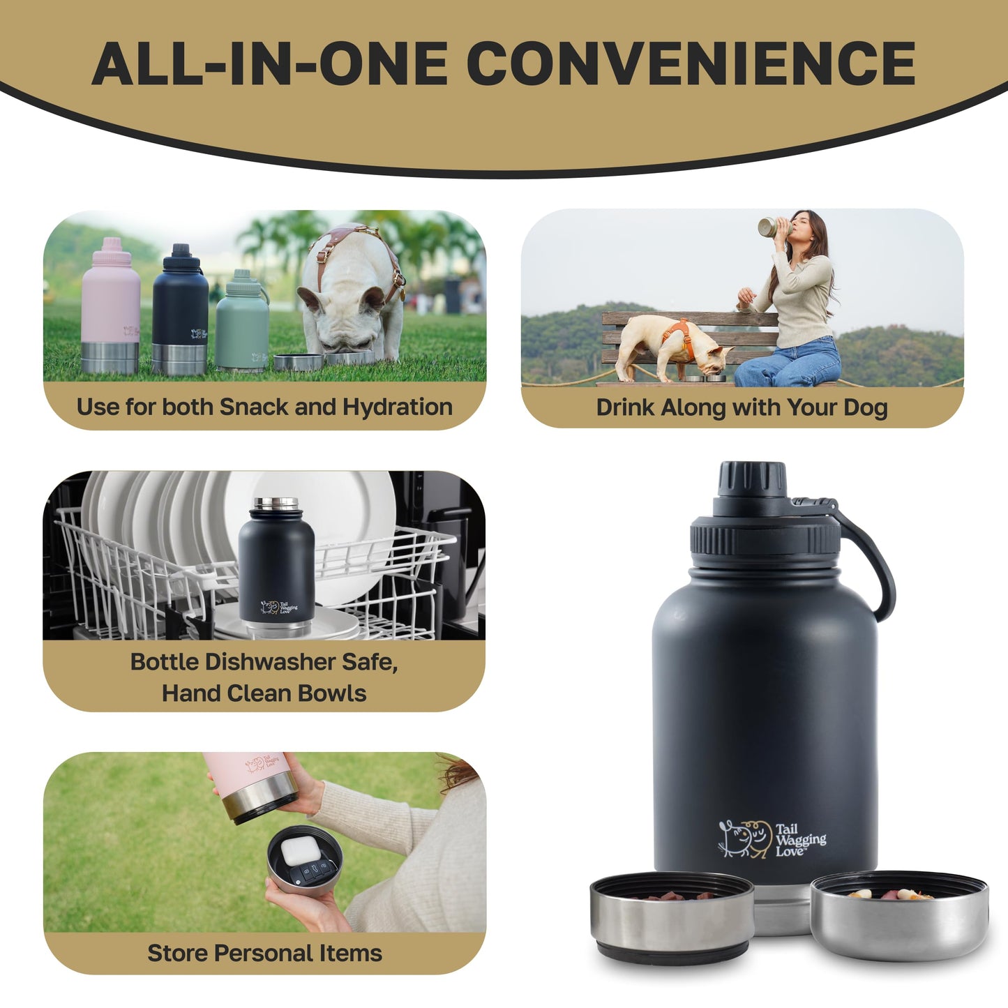 Tail Wagging Love 32oz 3-in-1 Portable Travel Water Bottle, Food & Hydration Bottle - Dual Use for Humans & Pets with Detachable Bowls, Stainless Steel, Keeps Water Hot for 6hrs & Cold for 12hrs