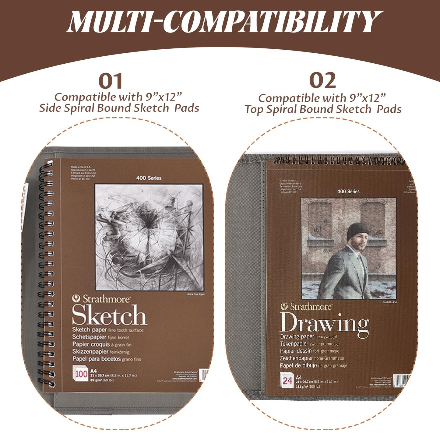Plinyvel Leather Sketchbook Cover for 9x12 - Travel Portfolio Case with Storage, Holds Large Sketch Book & Spiral Pad | All-in-One Artist Organizer with Pencil Holder (Gray