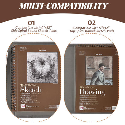 Plinyvel Leather Sketchbook Cover for 9x12 - Travel Portfolio Case with Storage, Holds Large Sketch Book & Spiral Pad | All-in-One Artist Organizer with Pencil Holder (Gray