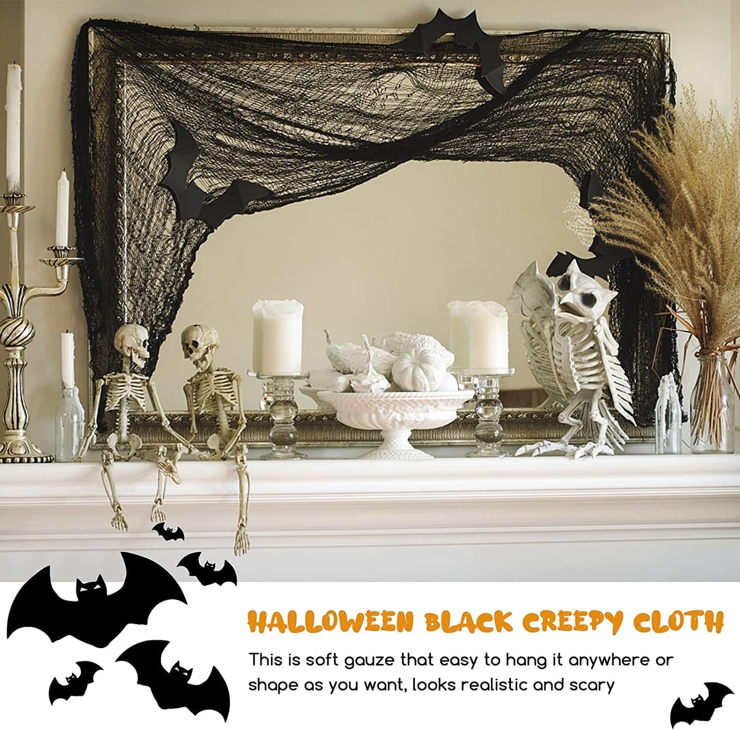 Kijamilee 4 Pack Halloween Creepy Cloths, Scary Spooky Cloth Creepy Gauze, 30 x 120inch Freaky Loose Weave Creepy Cloth, Decoration for Haunted Houses Props Halloween Wall Outdoor Indoor Decor (Black)