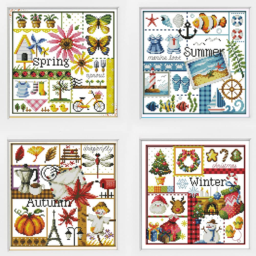 Awesocrafts 4 Pack Cross Stitch Kits, Four Seasons Easy Patterns Cross Stitching Embroidery Kit Supplies, Stamped or Counted (Four Seasons, Counted)
