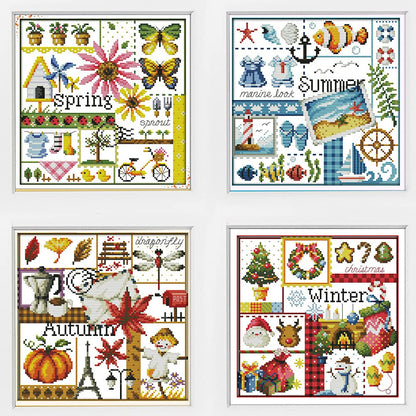 Awesocrafts 4 Pack Cross Stitch Kits, Four Seasons Easy Patterns Cross Stitching Embroidery Kit Supplies, Stamped or Counted (Four Seasons, Counted)