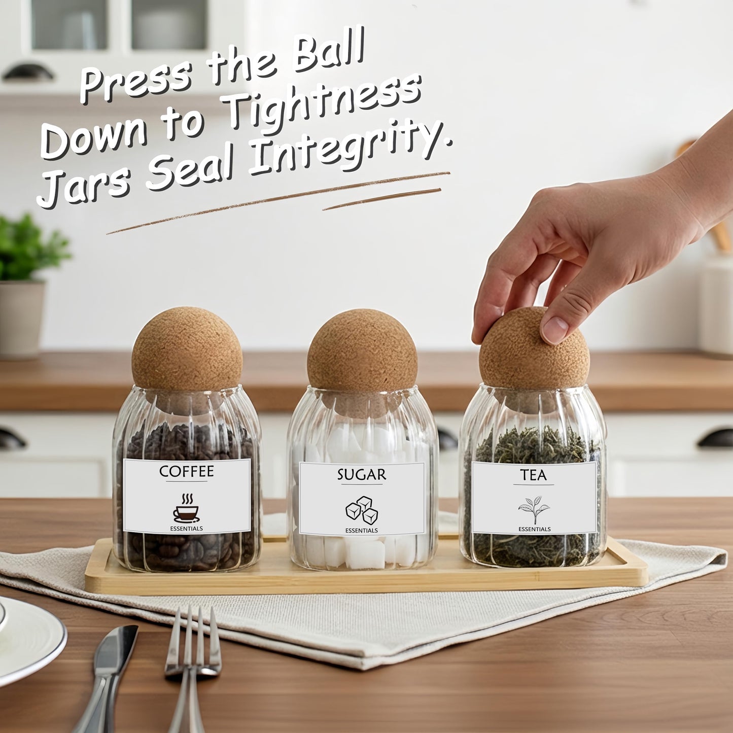 GYOSUGANG Glass Jar Storage Container with Ball Cork, 3PCS Round Glass Canisters with Tray & Labels, Small Glass Jars for Food Sugar Candy Coffee Tea Nuts - Style 2(500ml/17oz)