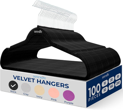 SereneLife Velvet Hangers 100 Pack - Slim Non-Slip Black Clothes Hangers with Chrome 360° Swivel Hook, Durable 10 lbs Capacity for Closet Organization
