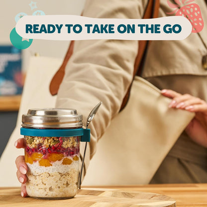 16oz 1 Pack Overnight Oats Jar with Spoon & Stainless Steel Lid - Leakproof Glass Oatmeal Container for Meal Prep