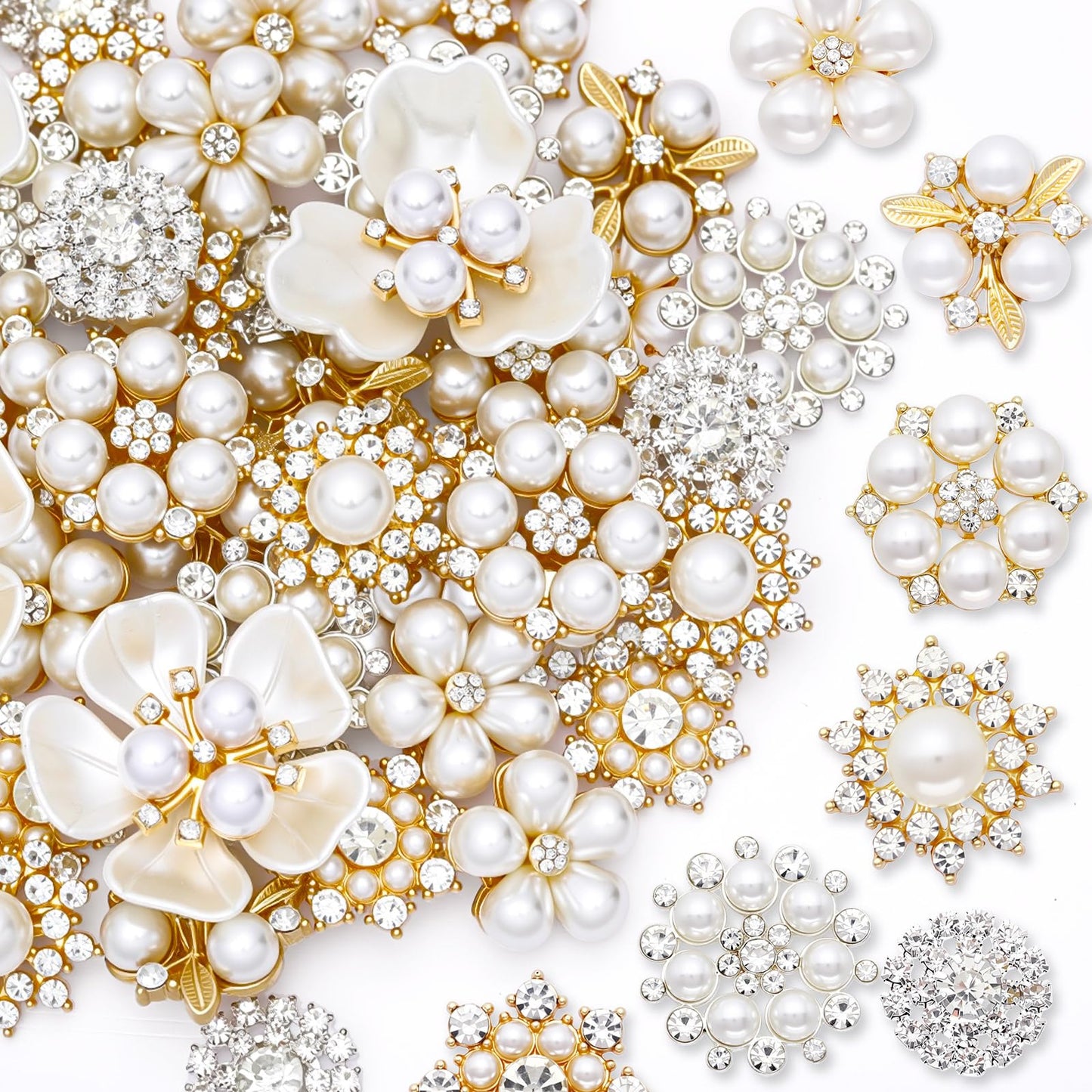 Sureio 45 Pcs White Pearl Rhinestone Brooch Pin Set Crystal Flower Brooches Faux Pearl Embellishments Women Jewelry Wedding Jewelry Making Crafts Bags Shoes Accessory Gift