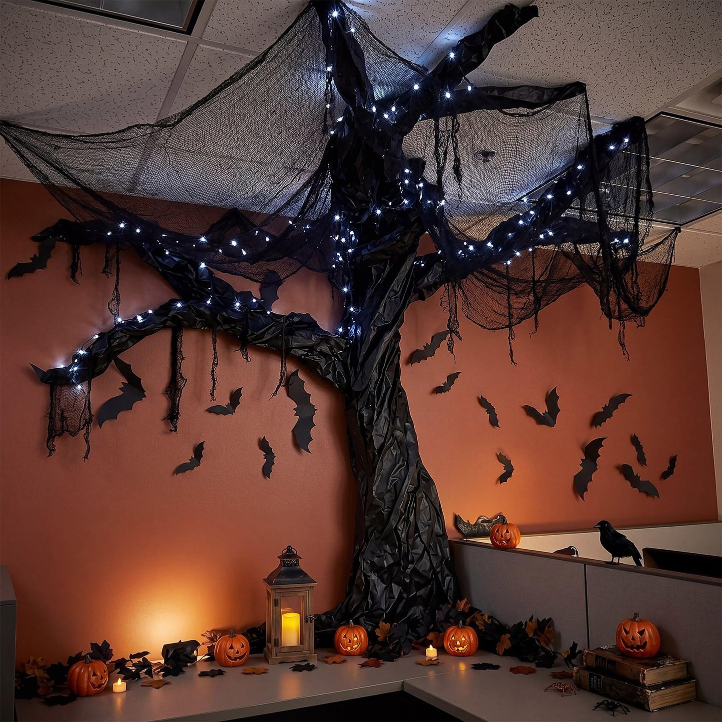 Humyoun 29 Pcs Halloween Spooky Tree Wall Decor DIY Kit, 24 Realistic 3D Bat Stickers, Black Scary Cloth, 2 Kraft Paper Rolls, 2 Tapes Creepy Haunted House Backdrop for DIY Craft Outdoor Indoor Party