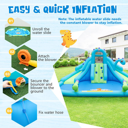 BOUNTECH Inflatable Water Slide Park with Dinosaur, Double Slides Mega Water Park Bounce House with Climbing Wall, Bouncy Castle for Outdoor Backyard, Blow up Water Slides Inflatables for Big Kids