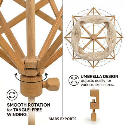 Mars Export Wooden Umbrella Swift Yarn Winder - Heavy Duty Beech Wood Hand Operated Bobbin Holder for Knitting & Crocheting, Holds up to 6' Circumference Skein