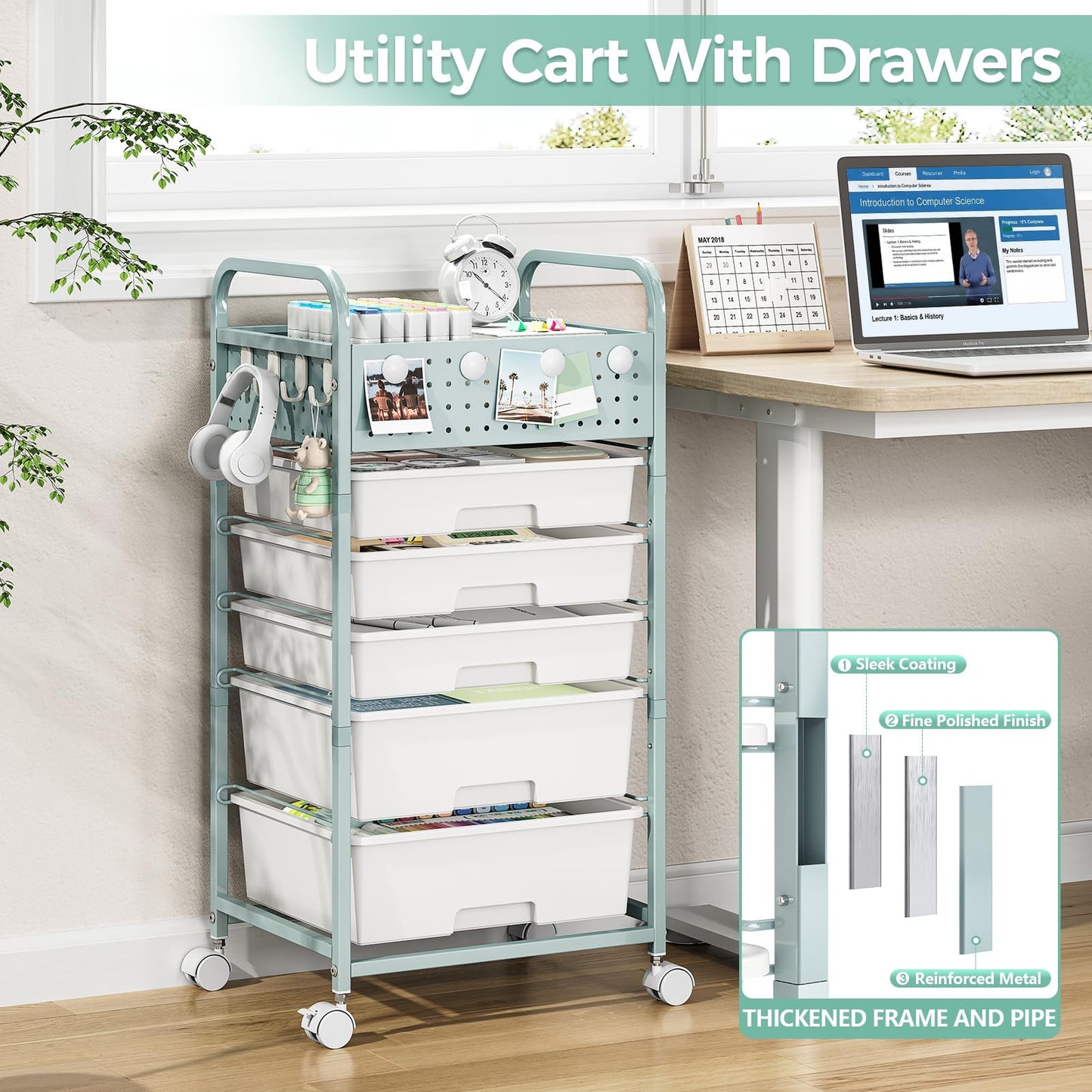 5 Drawer Rolling Storage Cart with Pegboard Top and Hooks, Mobile Utility Organizer with Wheels for Office Supplies, Craft Storage, Classroom Organization, Home Storage Cart, Green