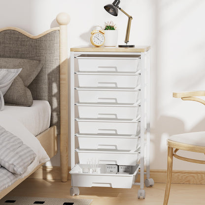 Rolling Cart with 8 Drawers, Storage Drawers Cart with Wooden Tabletop and Lockable Wheels, Craft Storage for Living Room, Office, Classroom, Craft Room, Bedroom