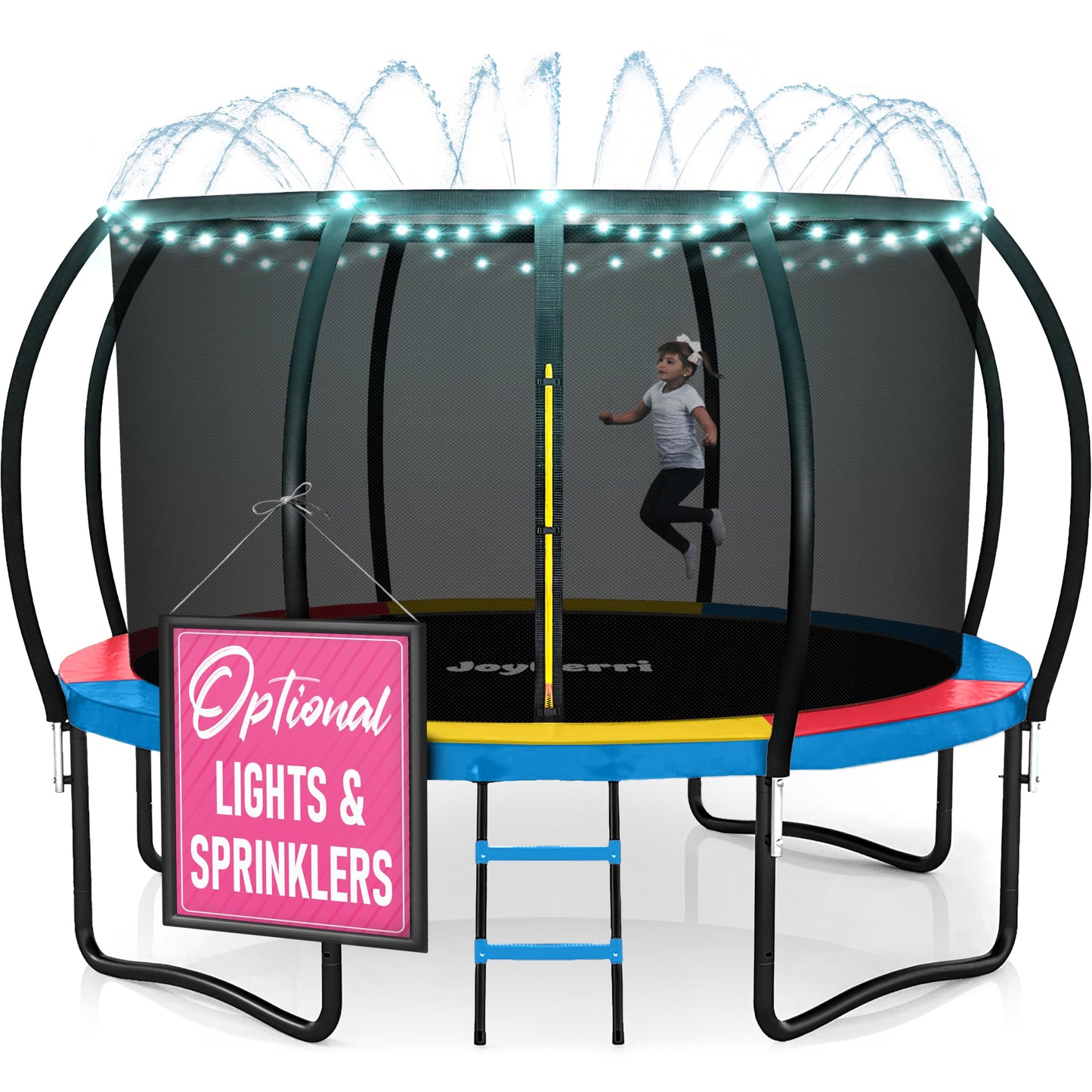 JoyBerri Trampoline Outdoor - Upsurge ASTM Certified Safe 8Ft 10Ft 12Ft 14Ft 15Ft 16Ft Recreational Trampoline for Kids and Adults. Anti-Rust Coating with Enclosure Net, Ladder, Sprinkler & LED Lights