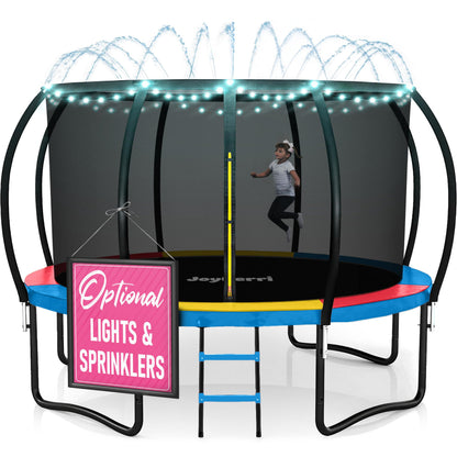 JoyBerri Trampoline Outdoor - Upsurge ASTM Certified Safe 8Ft 10Ft 12Ft 14Ft 15Ft 16Ft Recreational Trampoline for Kids and Adults. Anti-Rust Coating with Enclosure Net, Ladder, Sprinkler & LED Lights