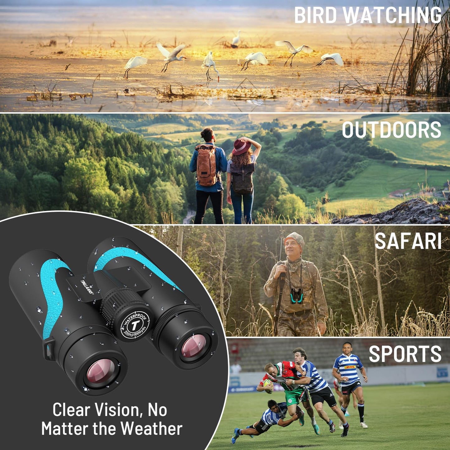 Tinllaans 15x55 HD Binoculars for Adults – High Powered Large View, BAK4 Prism, Waterproof & Lightweight for Bird Watching, Hiking, Travel, Cruise, Sports with Phone Adapter (Blue)