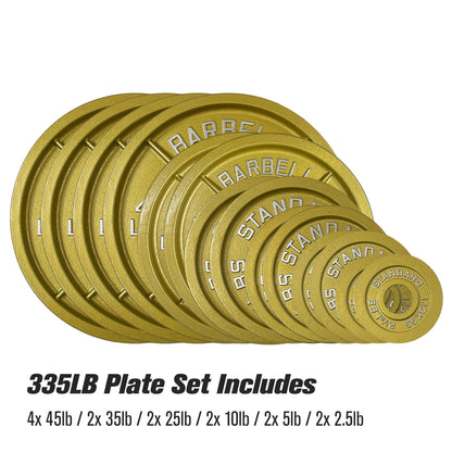 Gold Finish Olympic Steel Plates - Pairs and Sets 2 Inch Barbell Standard in Premium Gold for Weight Lifting (335lb Set)