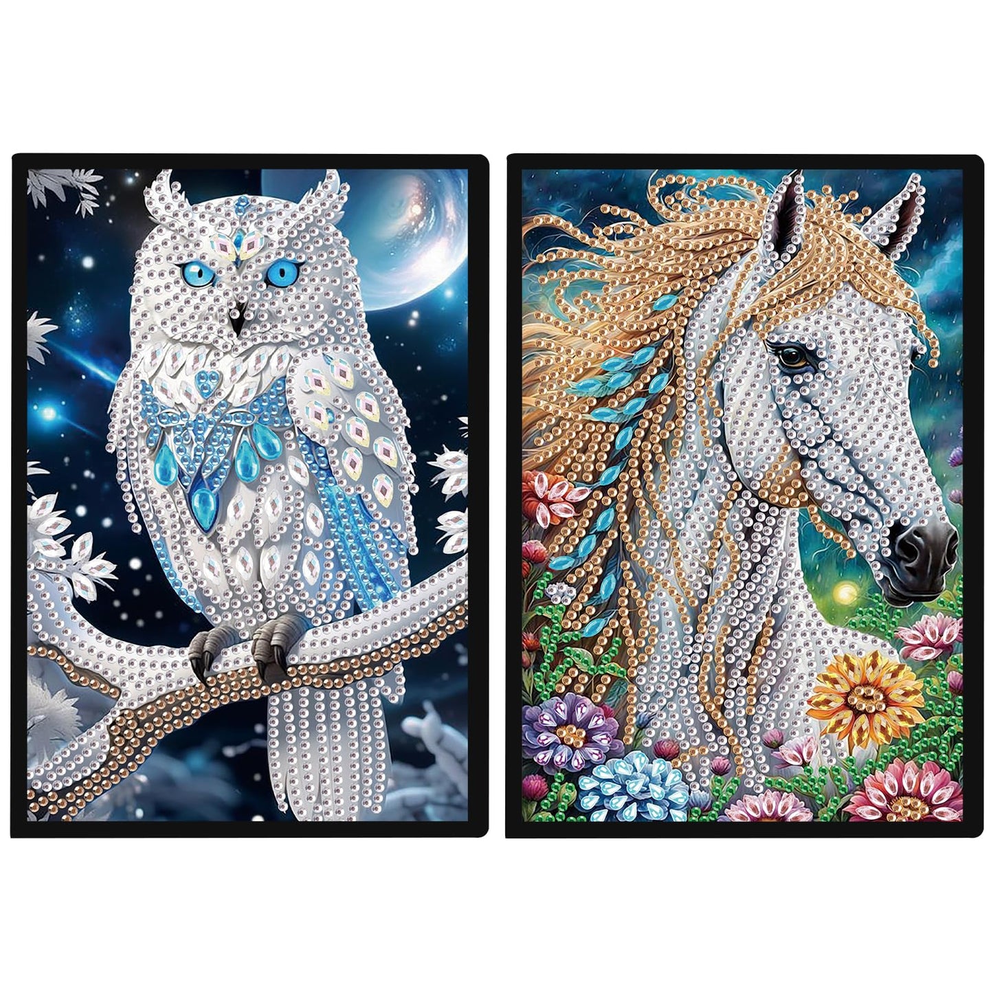 JISHSHAY 2 PCS Diamond Painting Notebook Journal Diamond Art Note Book Gem Art Sketchbook Gem Painting Diary Mosaic Kits for Adults Leather Notebook with Special Shape 14.5×21cm/5.7×8.26in Owl Horse