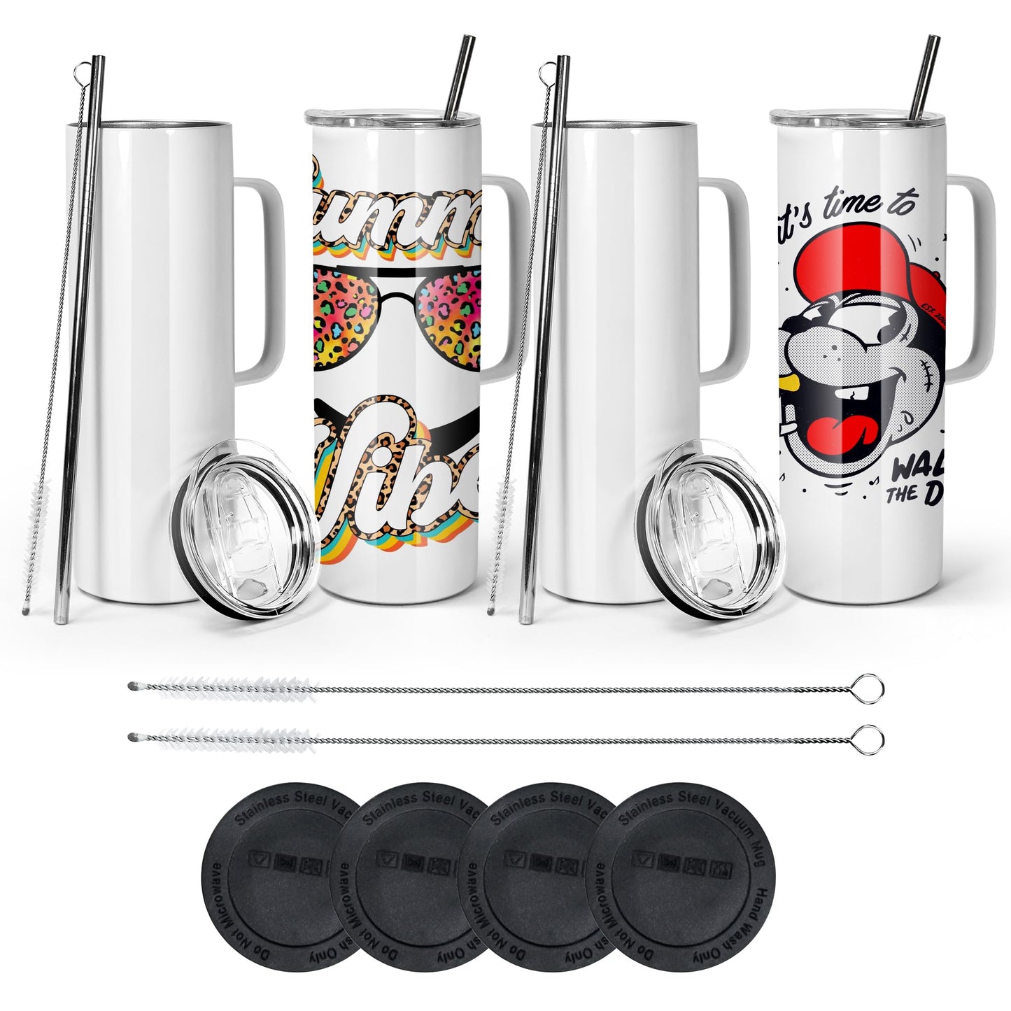 AGH 30oz Sublimation Straight Skinny Tumblers with Handle, 4 Pack Stainless Steel Coffee Mug with Handle, Insulated Tumblers with Lid & Straw, Portable Travel Tumblers for Coffee & Juice.