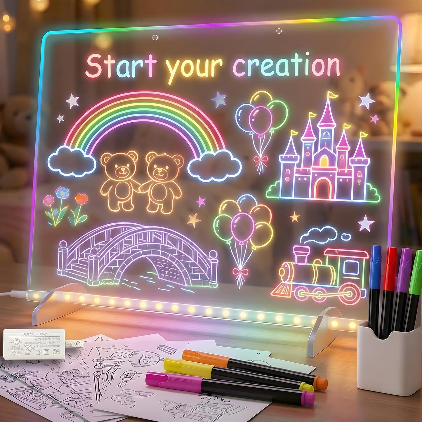 Tobaisaa LED Drawing Board for Kids, 16" Rechargeable Light Up Drawing Pad, Acrylic Dry Erase Board with 7 Markers & Cleaning Kit, Creative Gift for Boys Girls Ages 3 4 5 6 7 8 9 10 12+ Years Old