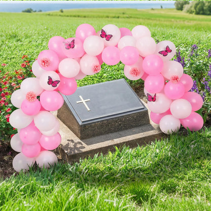 Gejoy 117 Pcs Memorial Grave Decorations for Mom Mini Balloon Arch Kit Artificial Cemetery Flowers Butterflies for Loss of Mother Father Veterans Gravestone Graveyard Outdoor(Pink, White)