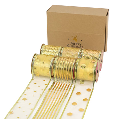 MEEDEE Gold Ribbon for Christmas Tree Decoration - 2.5 Inch, 6 Rolls, 36 Yards - Star and Stripe Wired Ribbon for Tree Garland and Crafts