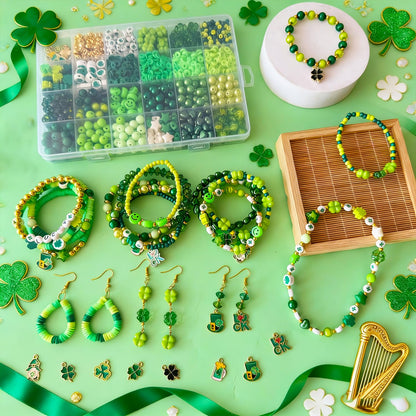 1870PCS St. Patrick’s Day Beads for Bracelet Jewelry Making Kit, Green Polymer Clay Beads Assorted Acrylic Pearl Bead Irish Shamrock Beads Leaf Clover Beads Charms for Necklace Earring DIY Craft Gifts