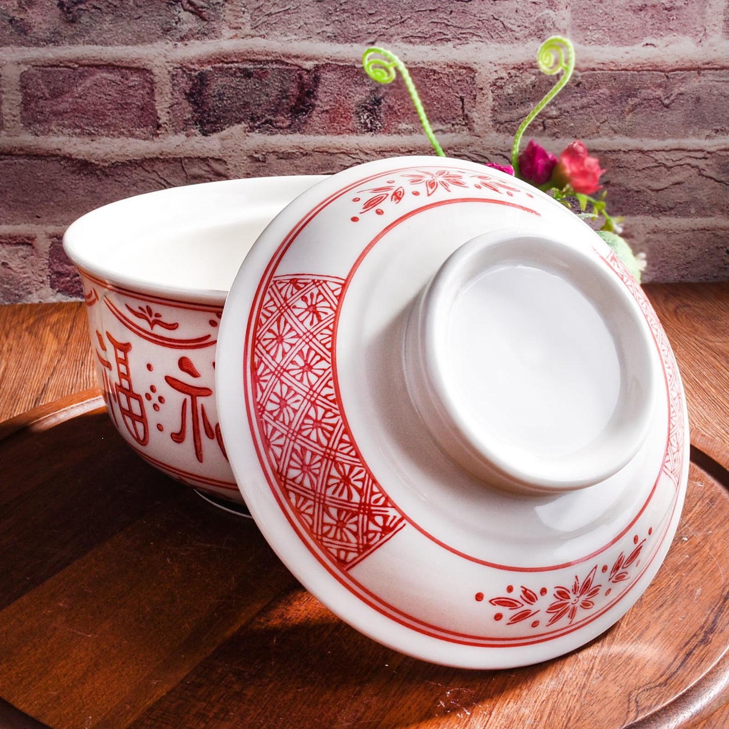 BOSILI Ceramic Ramen Bowl with Lid, 6.4 Inch 26 oz Red and White Porcelain Ramen Bowl with Chinese Fu Character Pattern, Traditional Asian Serving Bowl for Soup, Rice, Noodles