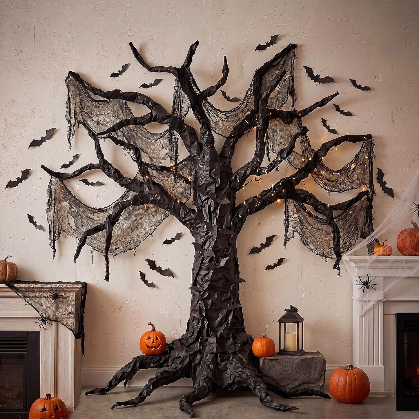 Humyoun 29 Pcs Halloween Spooky Tree Wall Decor DIY Kit, 24 Realistic 3D Bat Stickers, Black Scary Cloth, 2 Kraft Paper Rolls, 2 Tapes Creepy Haunted House Backdrop for DIY Craft Outdoor Indoor Party