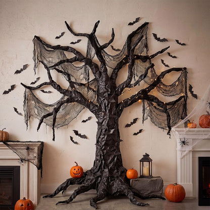 Humyoun 29 Pcs Halloween Spooky Tree Wall Decor DIY Kit, 24 Realistic 3D Bat Stickers, Black Scary Cloth, 2 Kraft Paper Rolls, 2 Tapes Creepy Haunted House Backdrop for DIY Craft Outdoor Indoor Party