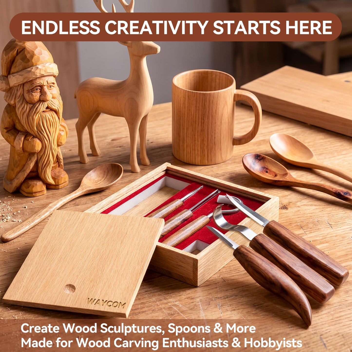 WAYCOM 12pcs Wood Whittling Kit Wood Carving Tools Set Hook Carving Knife,Detail Wood Knife,Whittling Knife Cut Resistant Gloves Leather Sheath And Bamboo Present Box For Spoon,Bowl,Cup