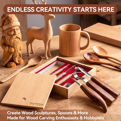 WAYCOM 12pcs Wood Whittling Kit Wood Carving Tools Set Hook Carving Knife,Detail Wood Knife,Whittling Knife Cut Resistant Gloves Leather Sheath And Bamboo Present Box For Spoon,Bowl,Cup