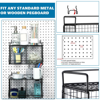 Huwena 2 Pcs Tiered Pegboard Baskets Bins Set with 4 Hooks Black Pegboard Parts Storage System Metal Garage Tool Organizer for Workbench Bathroom Kitchen Accessory Storage(2 Grid,Black)