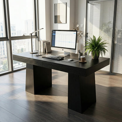 BouPower 55" Executive Desk, Wood Home Office Computer Desks with Double Trapezoid Pedestal, Mid-Century Modern Workstation Writing Table Conference Table Furniture, Black