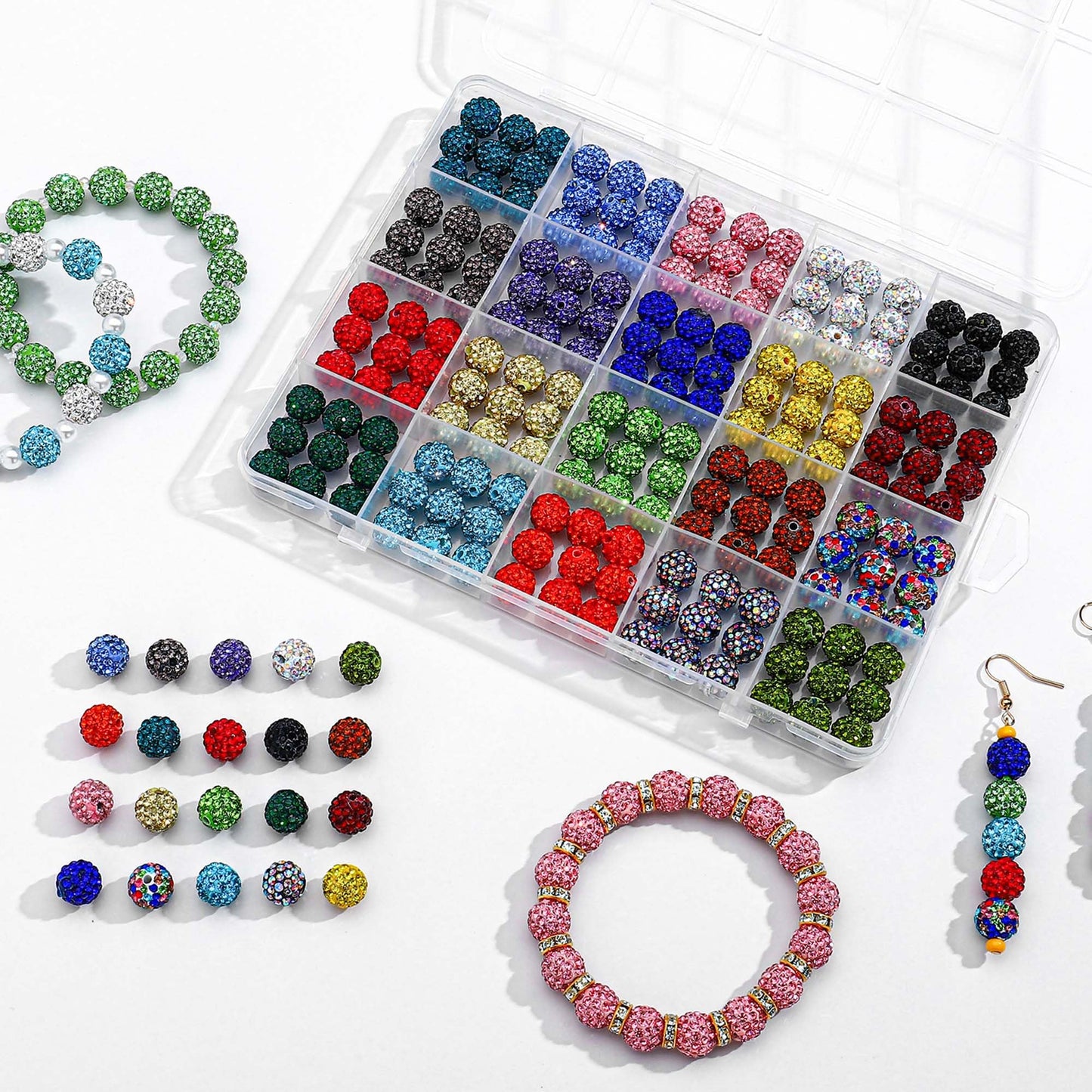 MINIMISSMIANYC 180PCS Rhinestone Beads Jewelry Making kit，10mm Crystal Color Round Sparkle Clay Beads Disco Ball Bulk Baseball Necklace Bracelets Earrings Keychain Bag Charm DIY Crafts