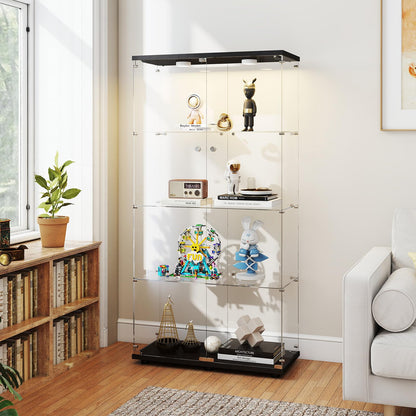 Zevemomo 4-Tier Tempered Glass Display Cabinet with Lights, Curio Cabinet with Glass Doors and Lock, Glass Display Case for Collectibles, for Living Room, Bedroom, Office, Double Door, Black